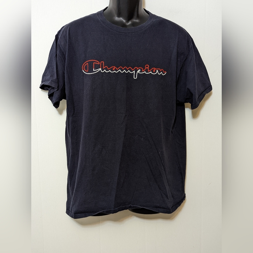Men's Champion Navy Jersey Tee, Split Script Logo Short Sleeve Shirt Size Large
